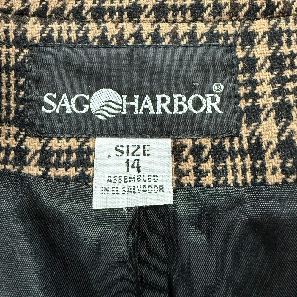 Vintage Sag Harbor Blazer Womens 14 Brown Black Houndstooth Academia Wool Grunge